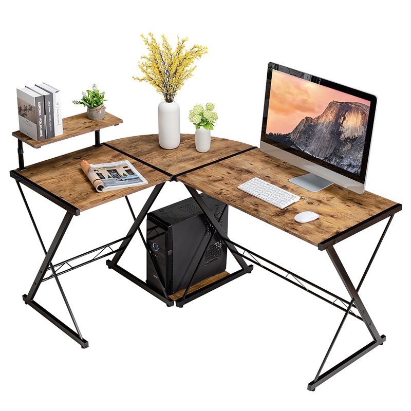 Costway 58''x44'' L-Shaped Computer Gaming Desk with Monitor Stand in Brown
