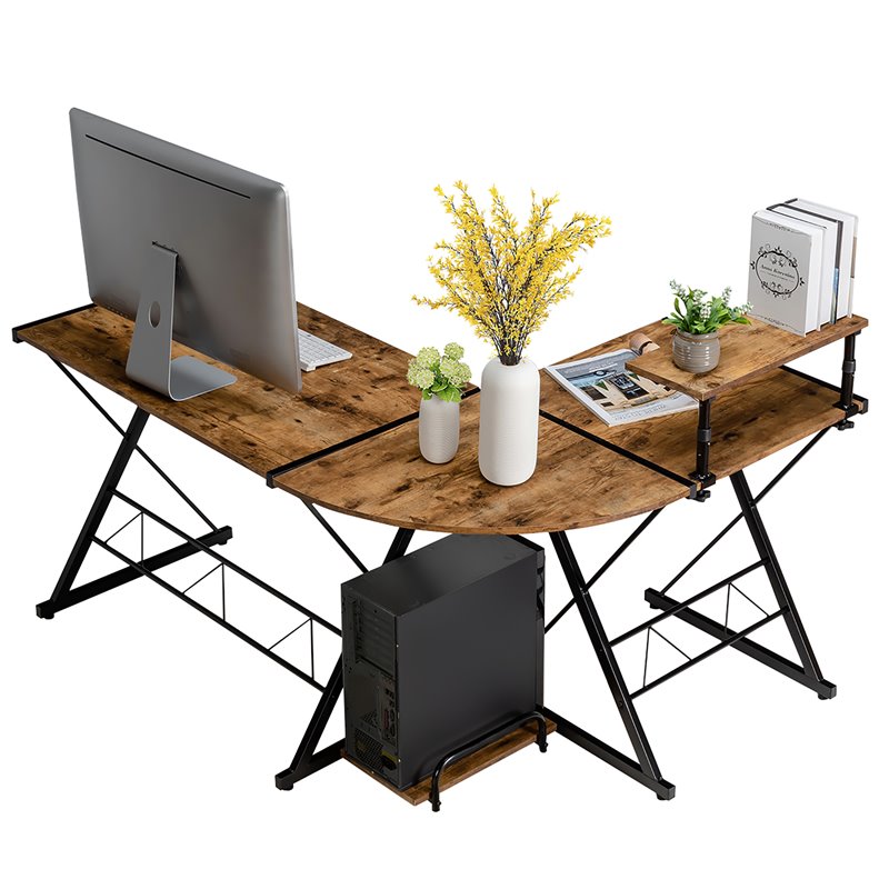 Costway 58''x44'' L-Shaped Computer Gaming Desk with Monitor Stand in Brown