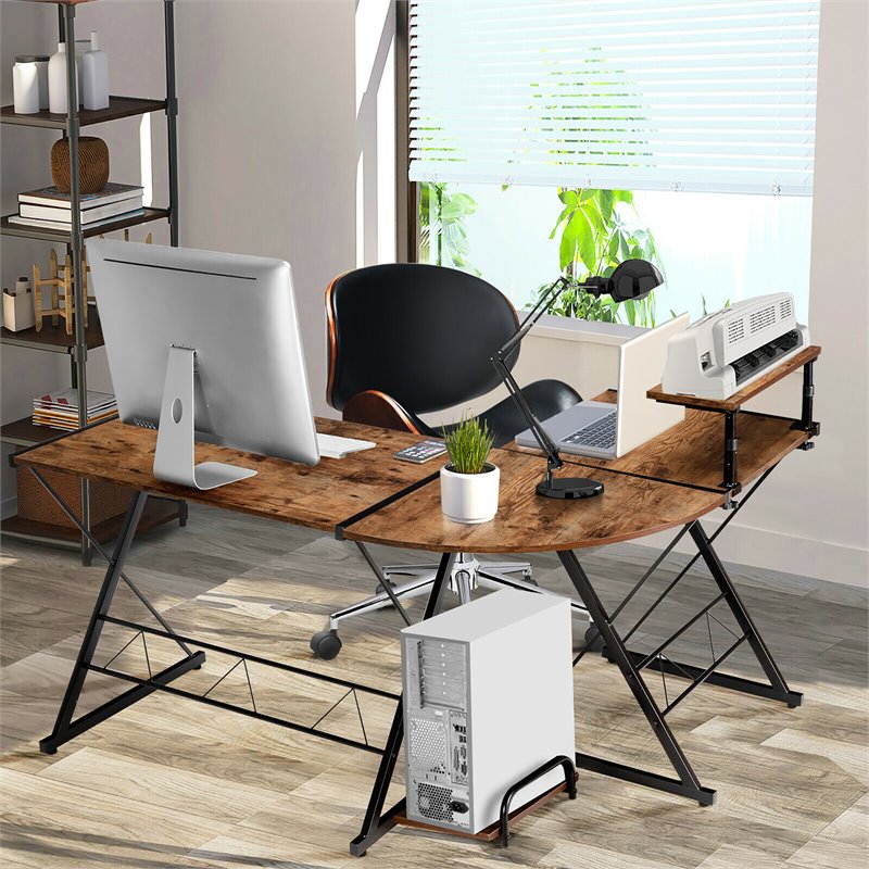 Costway 58''x44'' L-Shaped Computer Gaming Desk with Monitor Stand in Brown