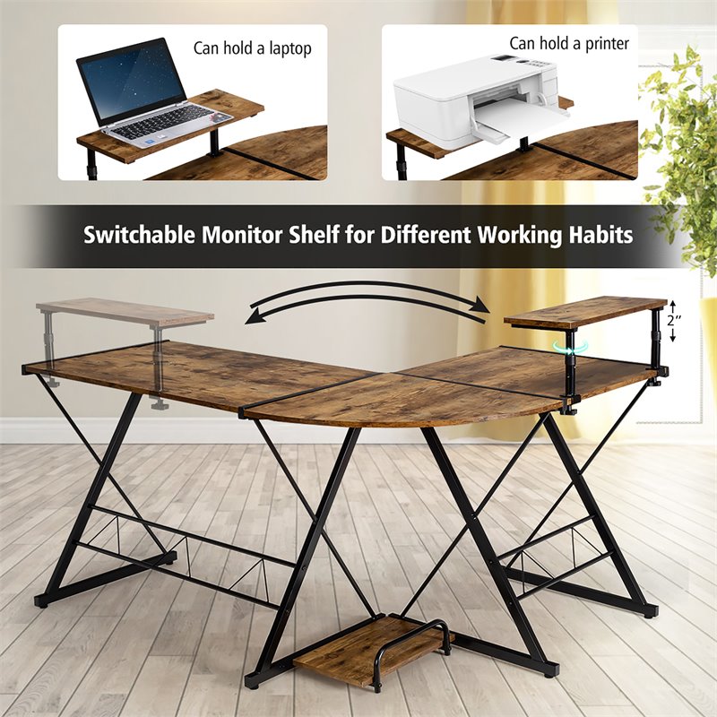 Costway 58''x44'' L-Shaped Computer Gaming Desk with Monitor Stand in Brown