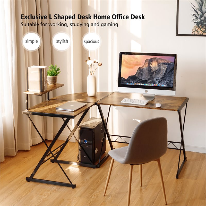 Costway 58''x44'' L-Shaped Computer Gaming Desk with Monitor Stand in Brown