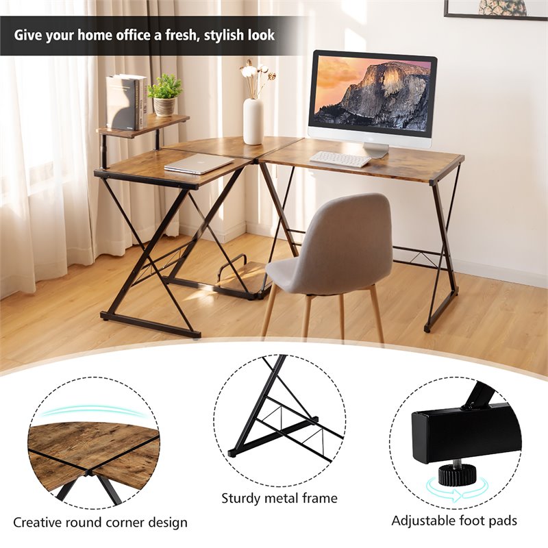 Costway 58''x44'' L-Shaped Computer Gaming Desk with Monitor Stand in Brown