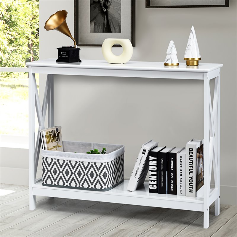 Costway 2-Tier X-Design Bookshelf Sofa Side Accent Console Table in White