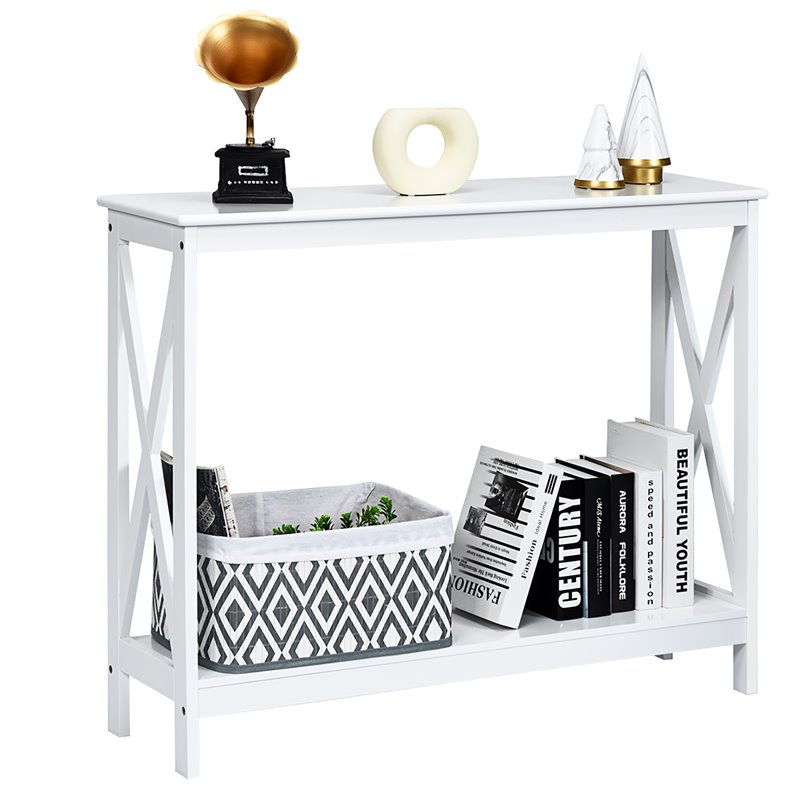 Costway 2-Tier X-Design Bookshelf Sofa Side Accent Console Table in White
