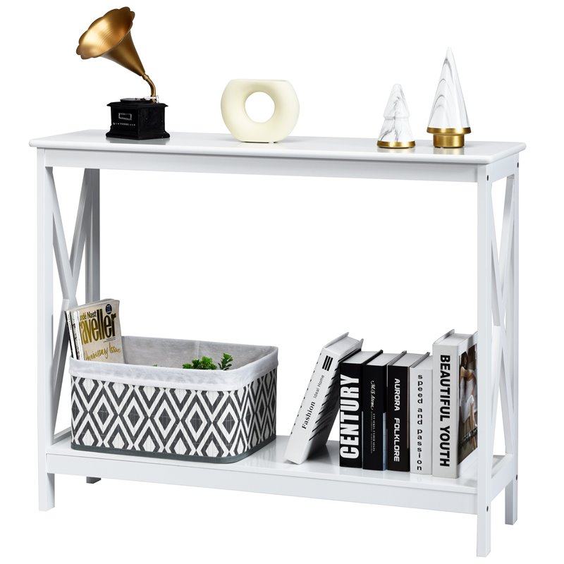Costway 2-Tier X-Design Bookshelf Sofa Side Accent Console Table in White