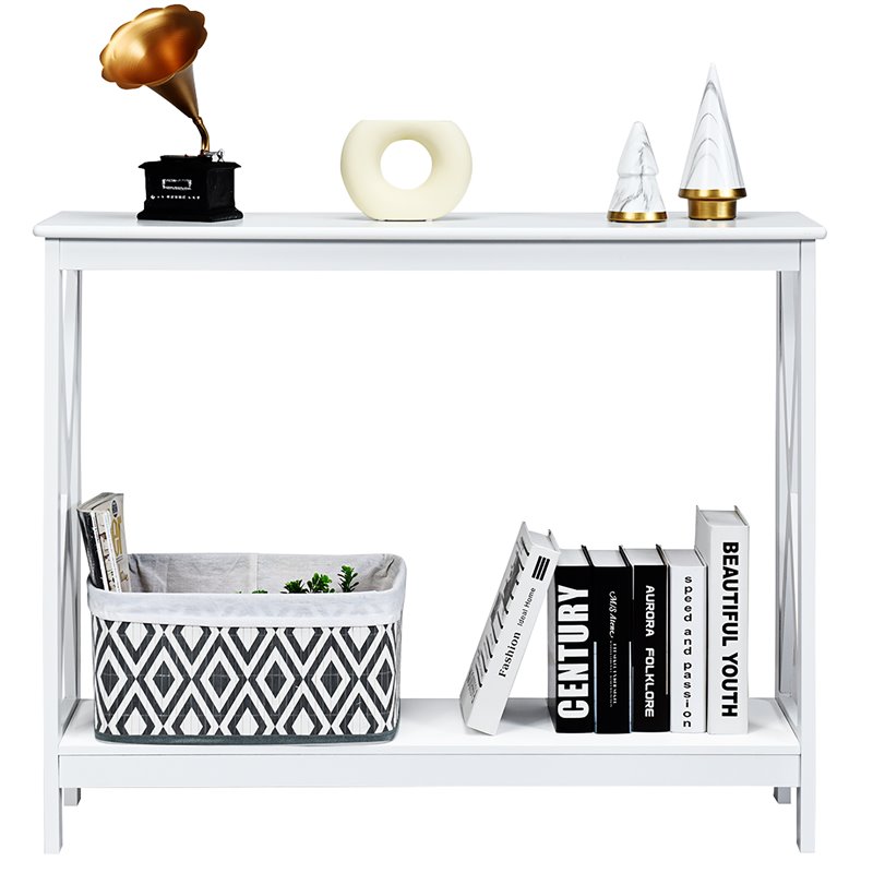 Costway 2-Tier X-Design Bookshelf Sofa Side Accent Console Table in White