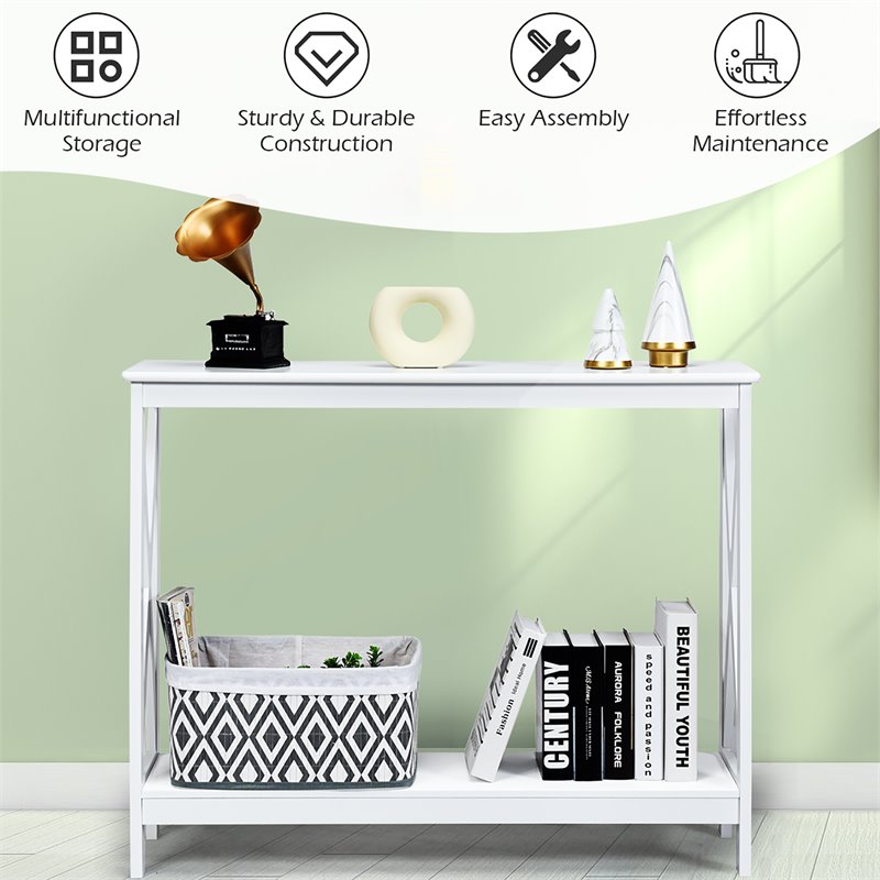 Costway 2-Tier X-Design Bookshelf Sofa Side Accent Console Table in White