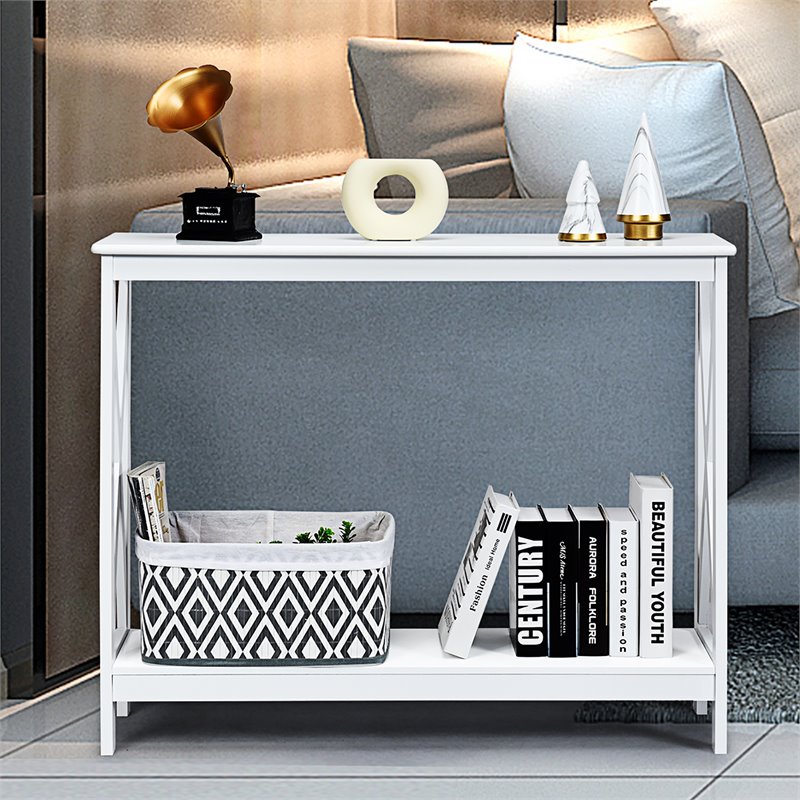Costway 2-Tier X-Design Bookshelf Sofa Side Accent Console Table in White