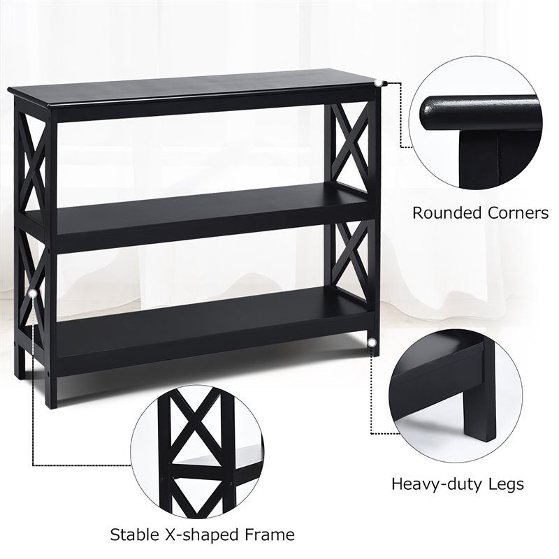 Costway 3-Tier X-Design Bookshelf Sofa Side Accent Console Table in Black