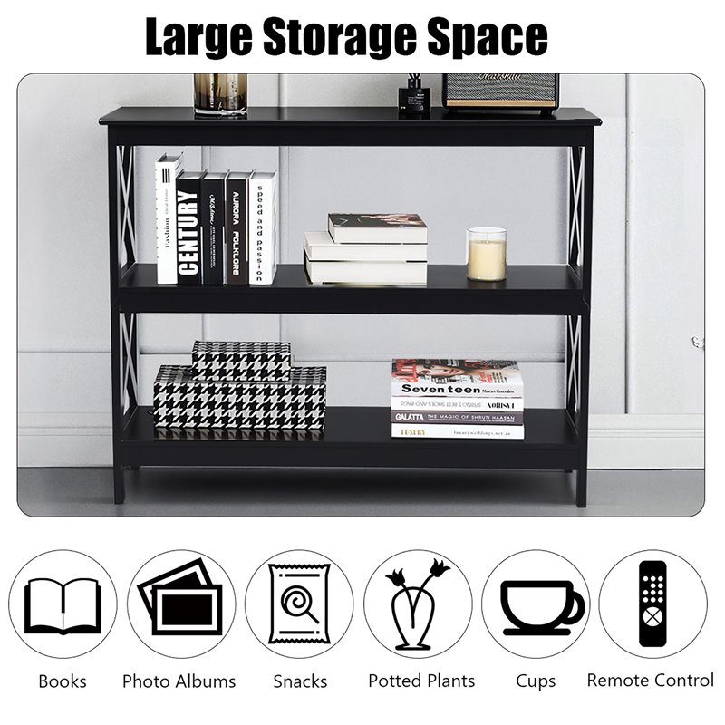 Costway 3-Tier X-Design Bookshelf Sofa Side Accent Console Table in Black