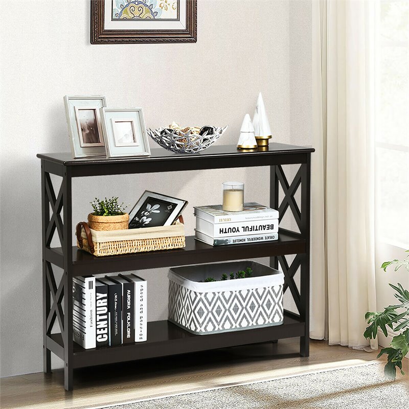 Costway 3-Tier X-Design Bookshelf Sofa Side Accent Console Table in Espresso