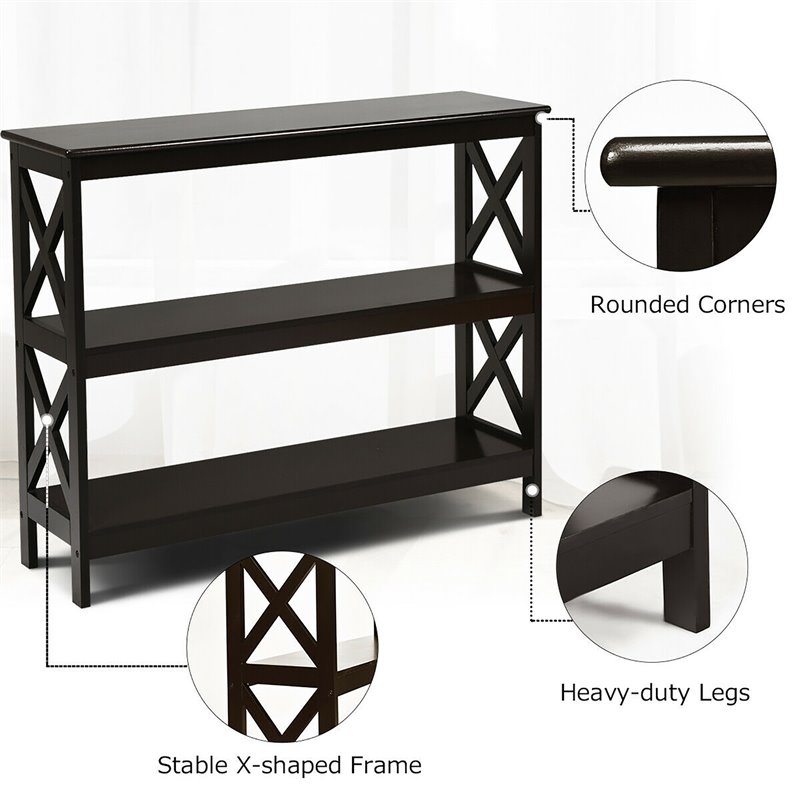 Costway 3-Tier X-Design Bookshelf Sofa Side Accent Console Table in Espresso