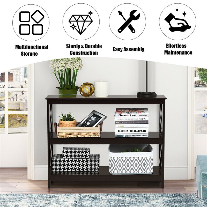 Costway 3-Tier X-Design Bookshelf Sofa Side Accent Console Table in Espresso
