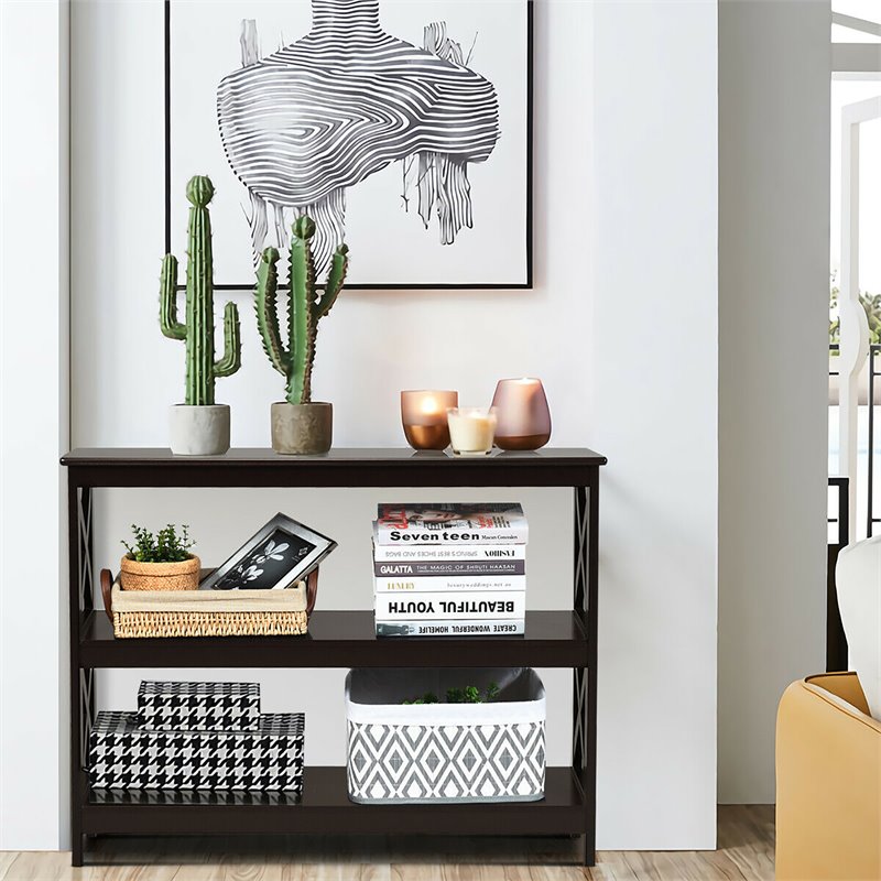 Costway 3-Tier X-Design Bookshelf Sofa Side Accent Console Table in Espresso
