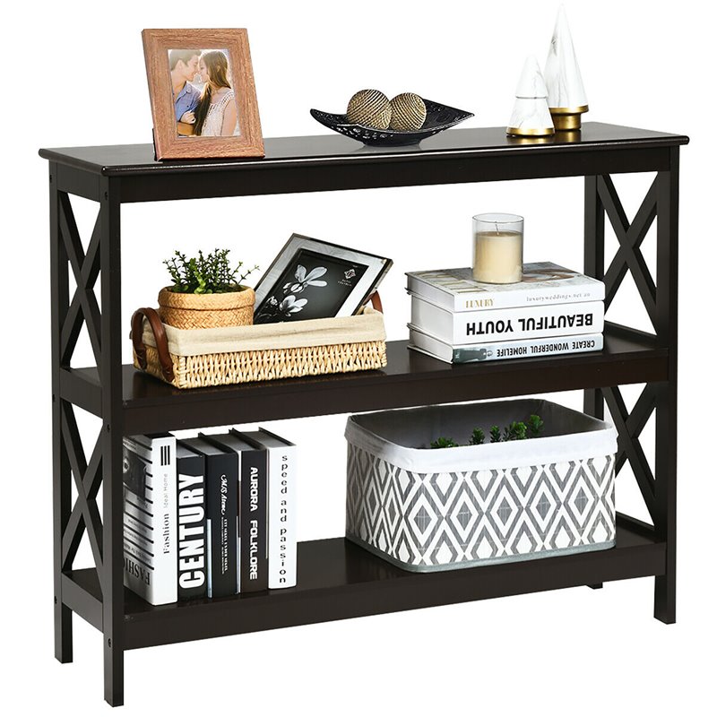 Costway 3-Tier X-Design Bookshelf Sofa Side Accent Console Table in Espresso