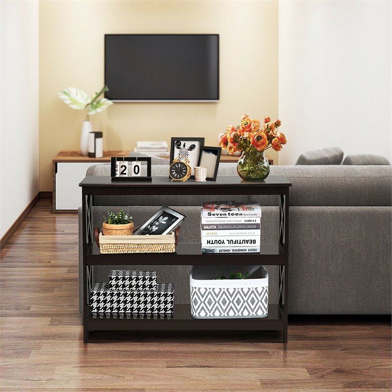 Costway 3-Tier X-Design Bookshelf Sofa Side Accent Console Table in Espresso