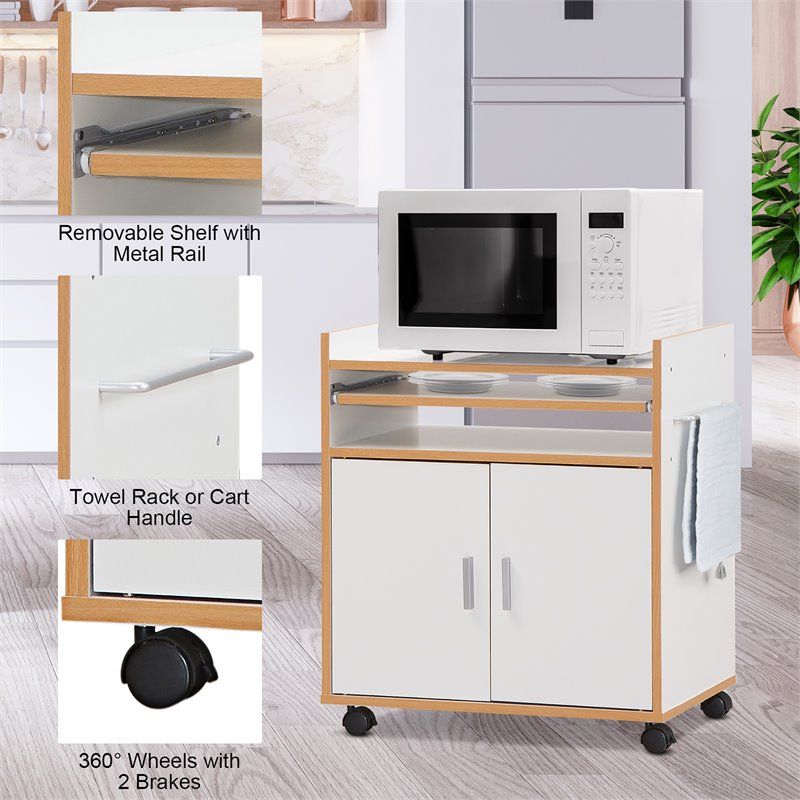 Costway Wood Kitchen Trolley Microwave Cart with Removable Shelf in White