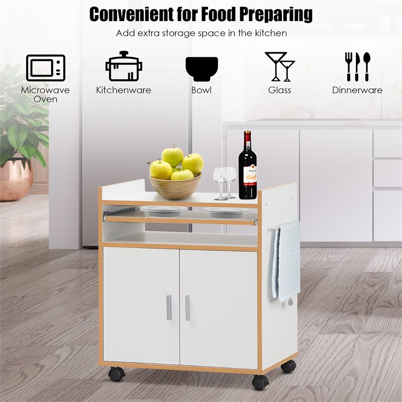 Costway Wood Kitchen Trolley Microwave Cart with Removable Shelf in White