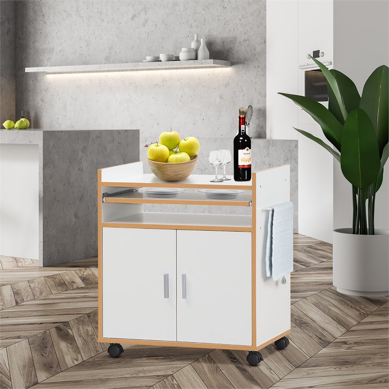 Costway Wood Kitchen Trolley Microwave Cart with Removable Shelf in White