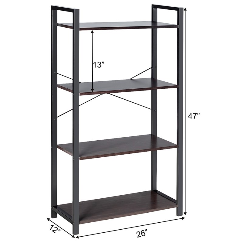 Costway 4-tier Contemporary Particle Board and Iron Bookshelf in Rustic Black