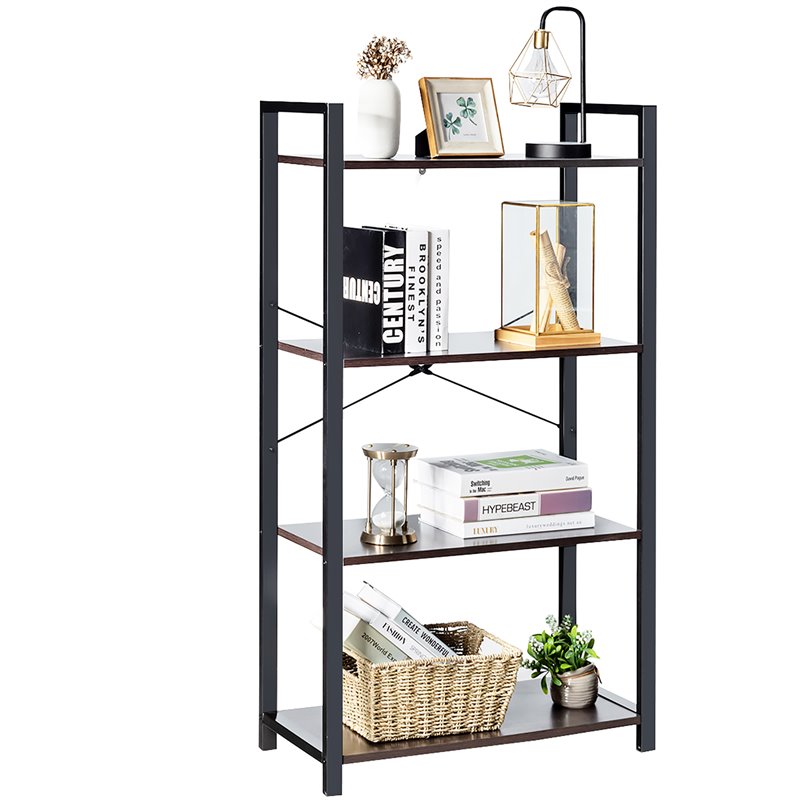 Costway 4-tier Contemporary Particle Board and Iron Bookshelf in Rustic Black