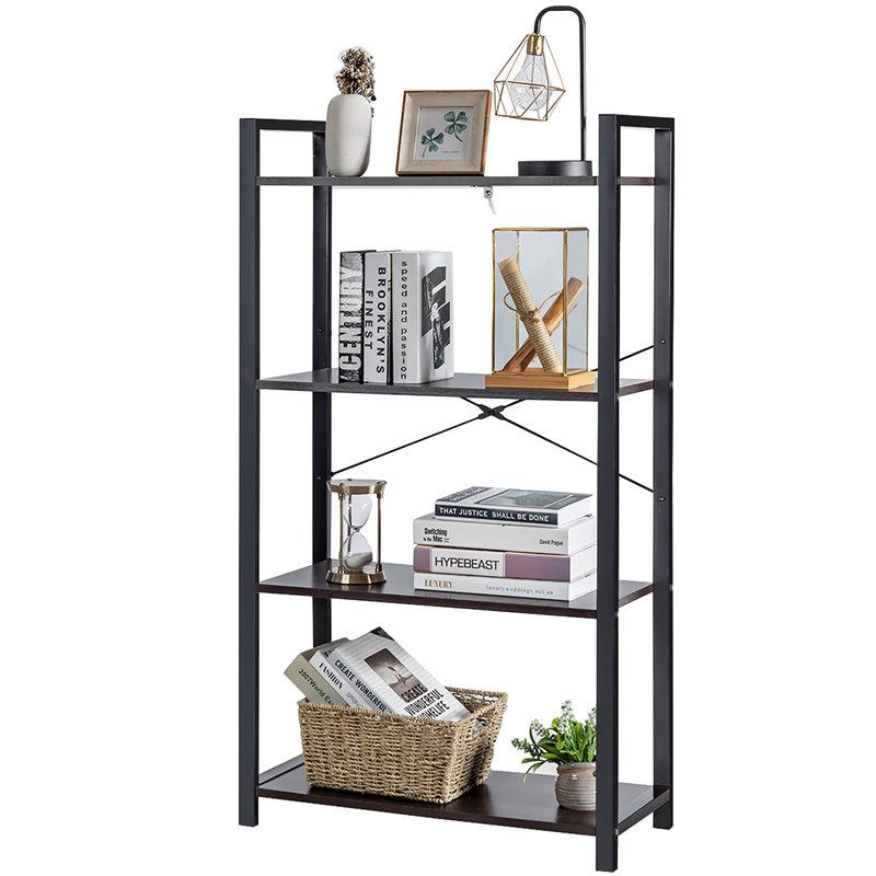 Costway 4-tier Contemporary Particle Board and Iron Bookshelf in Rustic Black