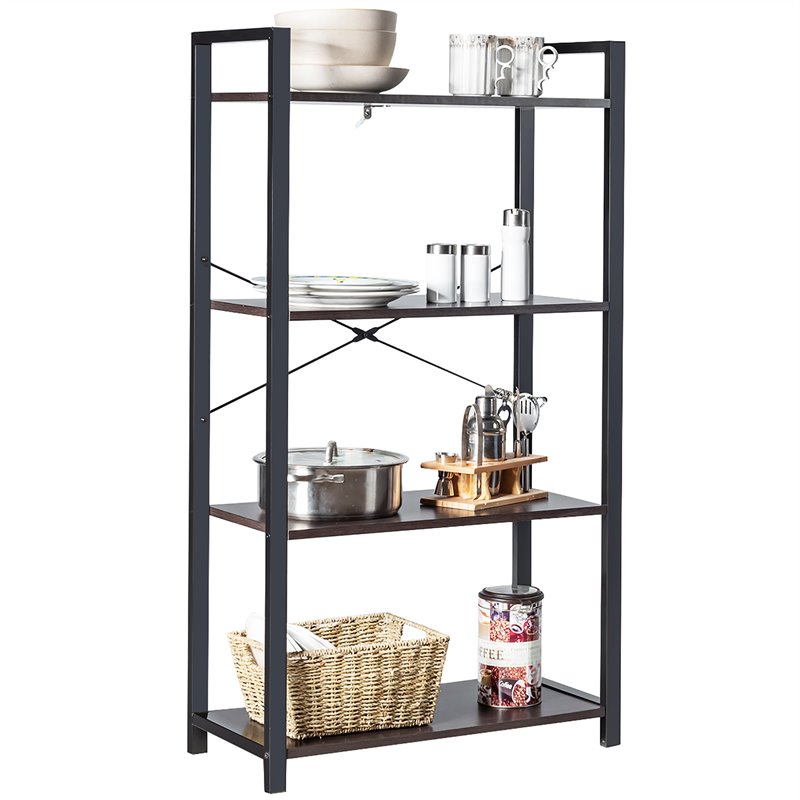Costway 4-tier Contemporary Particle Board and Iron Bookshelf in Rustic Black