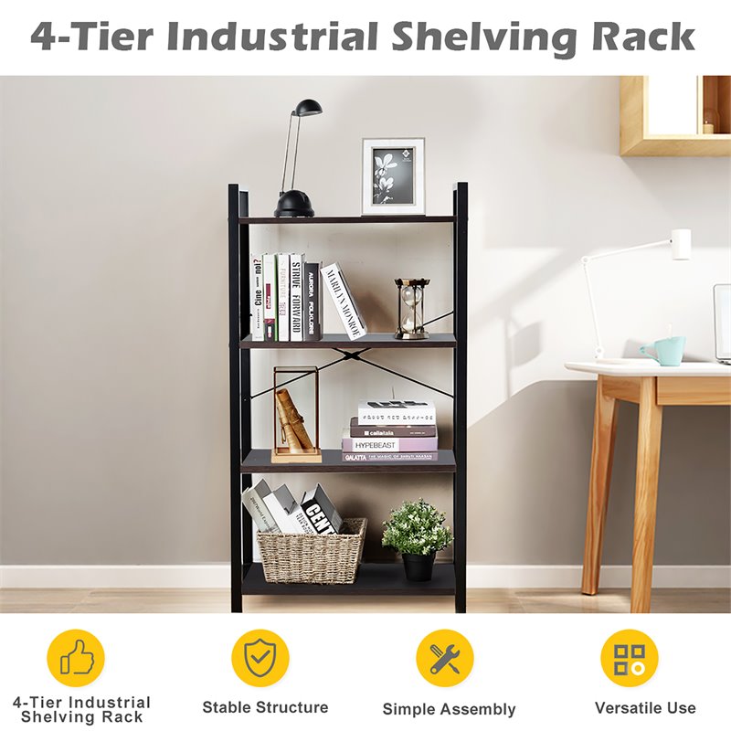 Costway 4-tier Contemporary Particle Board and Iron Bookshelf in Rustic Black