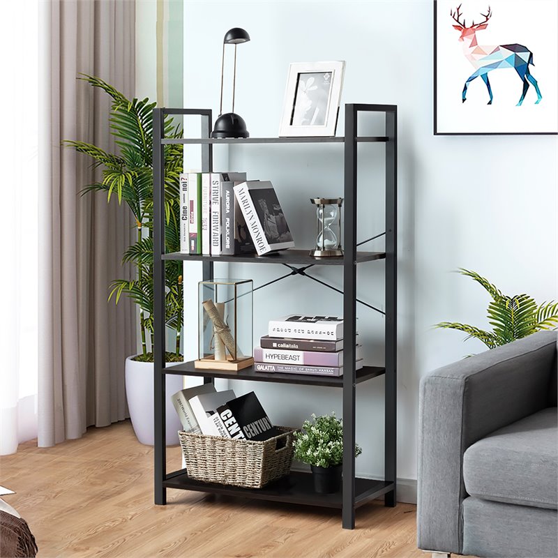 Costway 4-tier Contemporary Particle Board and Iron Bookshelf in Rustic Black
