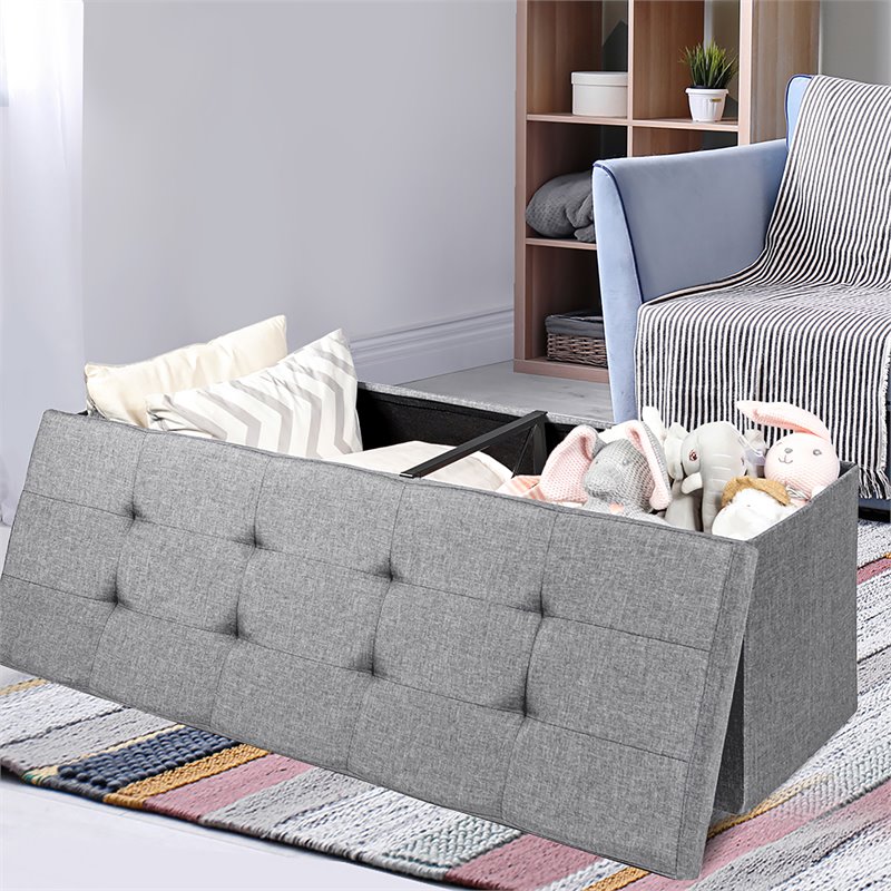 Costway Fabric and MDF Folding Storage Bench with Metal Divider in Light Gray
