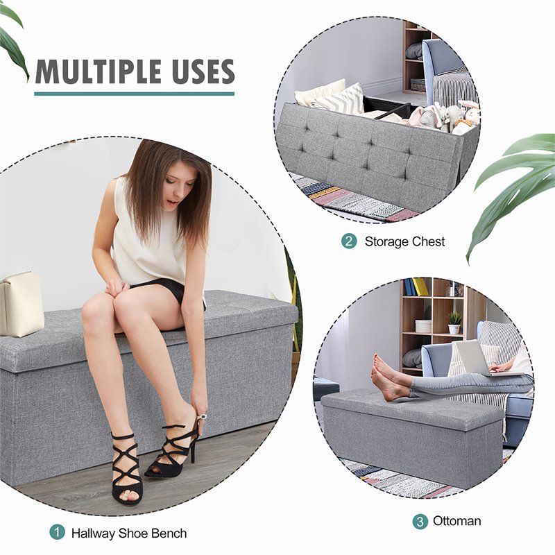 Costway Fabric and MDF Folding Storage Bench with Metal Divider in Light Gray