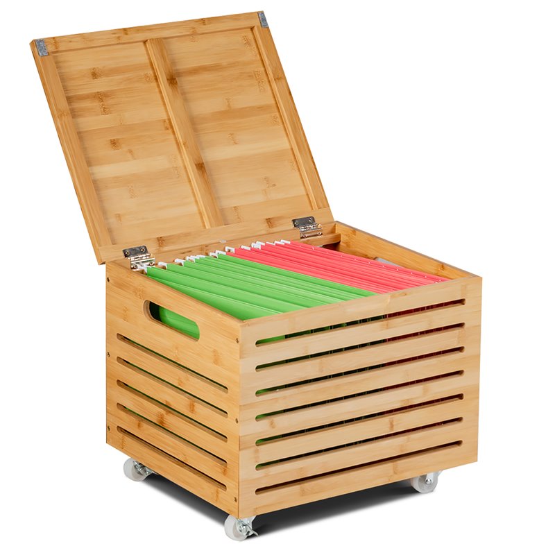Costway Bamboo Rolling Storage Organizer Office Box in Natural