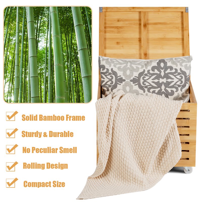 Costway Bamboo Rolling Storage Organizer Office Box in Natural