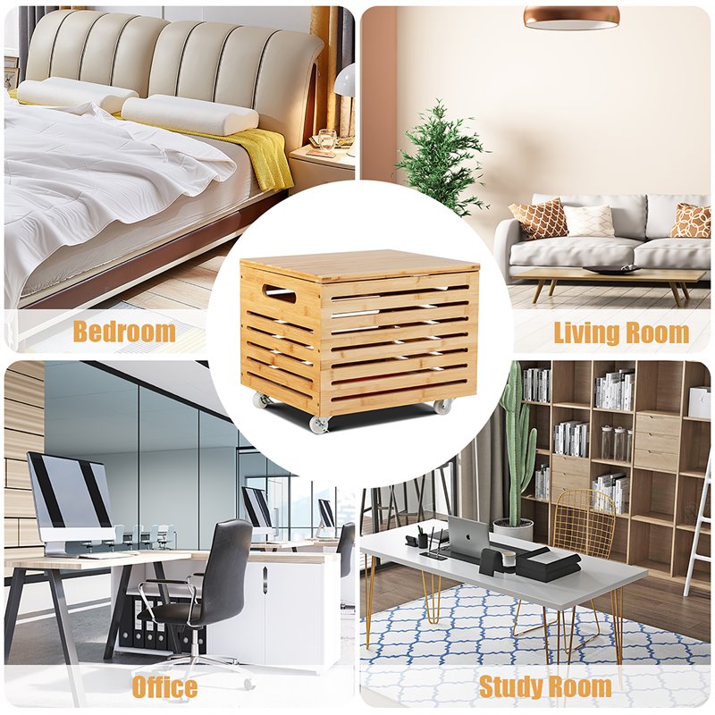 Costway Bamboo Rolling Storage Organizer Office Box in Natural