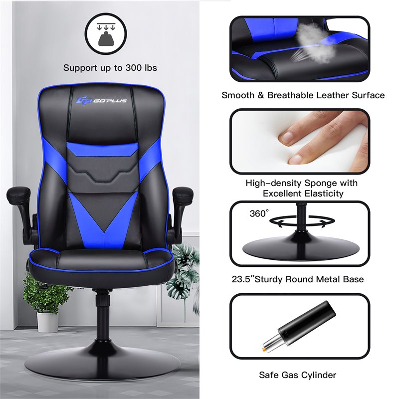 Costway PVC and Sponge Adjustable Height Swivel Rocking Gaming Chair in Blue