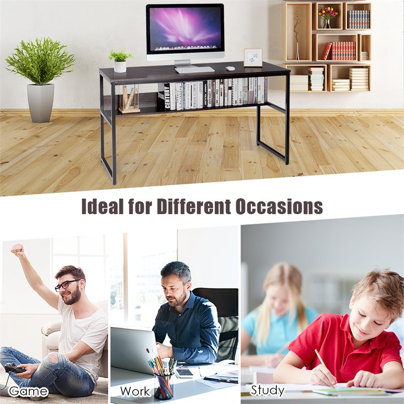 Costway 55'' Engineered Wood Computer Desk with Storage Shelf in Coffee