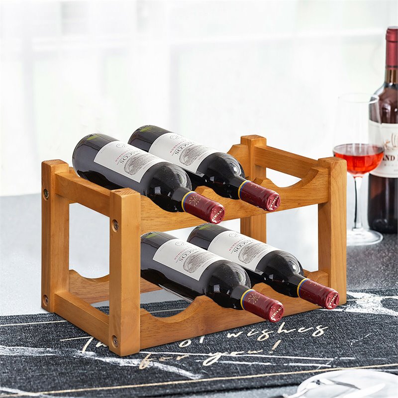 Costway 2-Tier Rubber Wood Wine Rack 6 Bottles Wine Display Holder in Natural