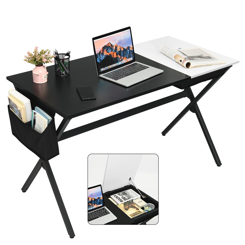 Costway Contemporary Wood Computer Desk with Drawer & Storage Bag in Black
