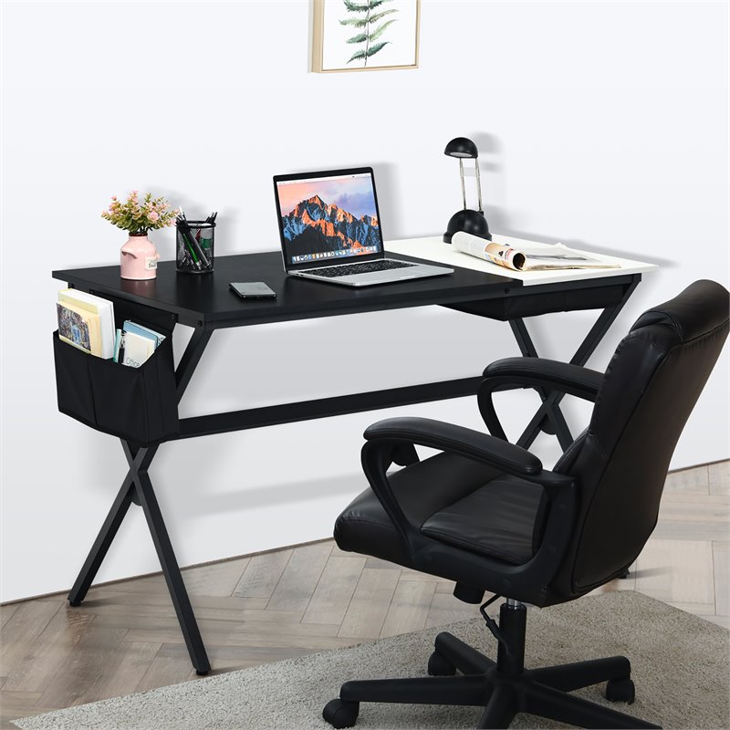 Costway Contemporary Wood Computer Desk with Drawer & Storage Bag in Black
