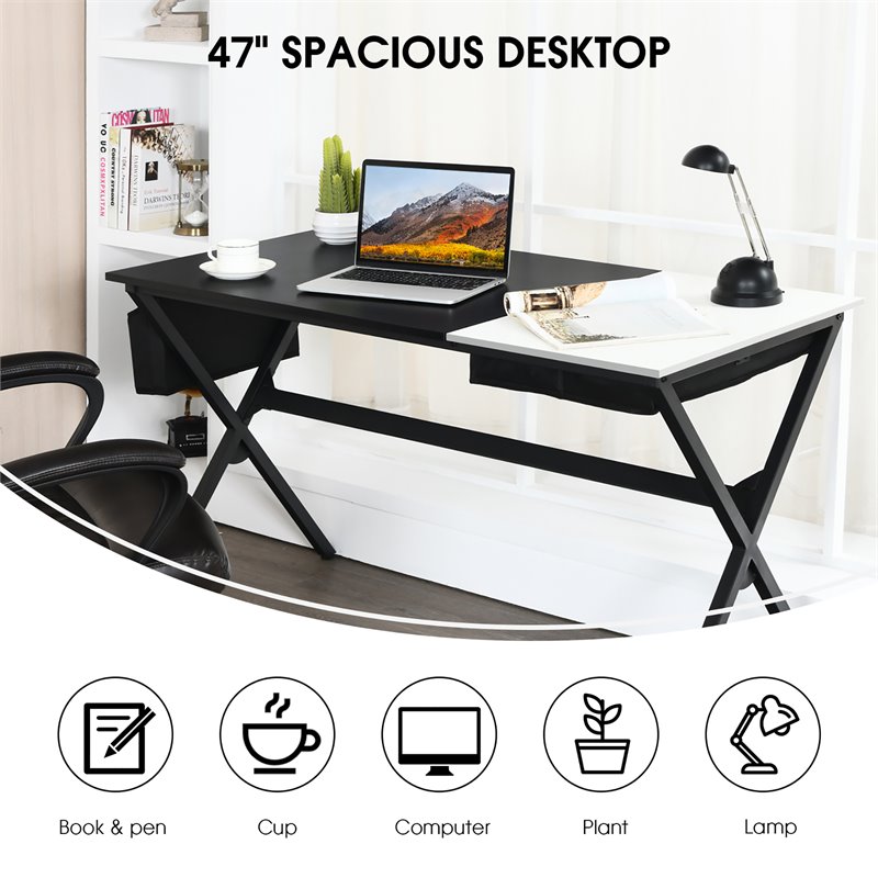 Costway Contemporary Wood Computer Desk with Drawer & Storage Bag in Black