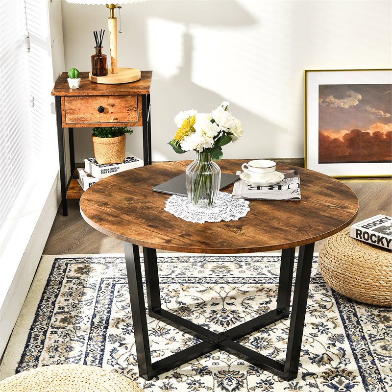 Costway Round Industrial Cocktail Side Coffee Table with Metal Frame in Brown