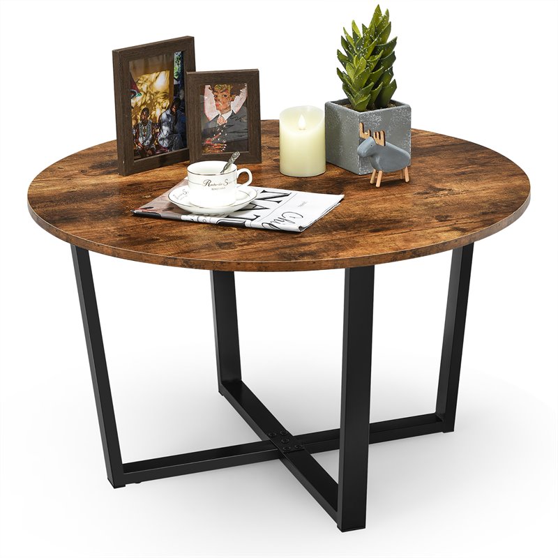 Costway Round Industrial Cocktail Side Coffee Table with Metal Frame in Brown