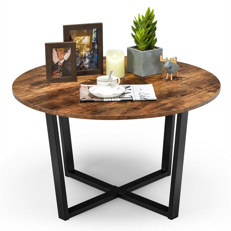 Costway Round Industrial Cocktail Side Coffee Table with Metal Frame in Brown