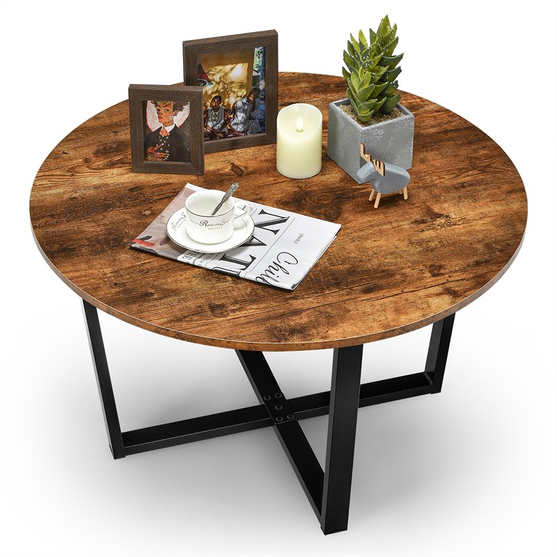Costway Round Industrial Cocktail Side Coffee Table with Metal Frame in Brown