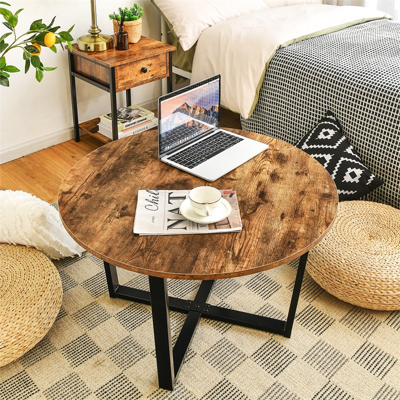 Costway Round Industrial Cocktail Side Coffee Table with Metal Frame in Brown