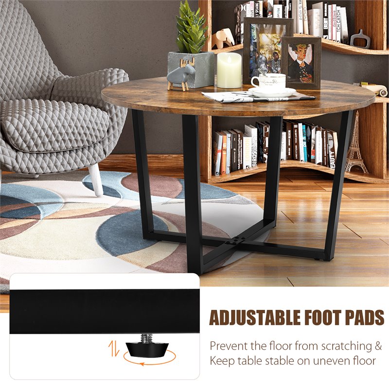 Costway Round Industrial Cocktail Side Coffee Table with Metal Frame in Brown