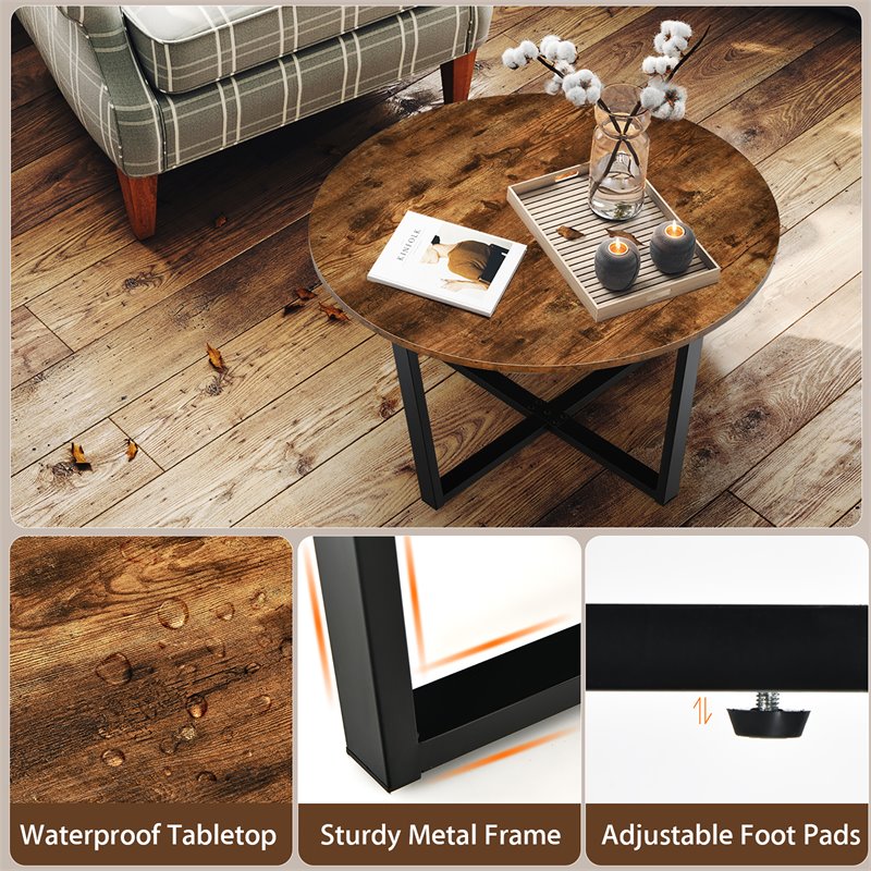 Costway Round Industrial Cocktail Side Coffee Table with Metal Frame in Brown
