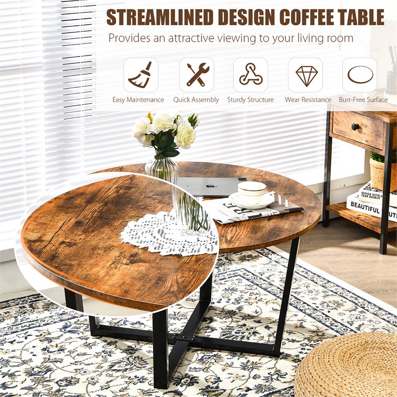 Costway Round Industrial Cocktail Side Coffee Table with Metal Frame in Brown