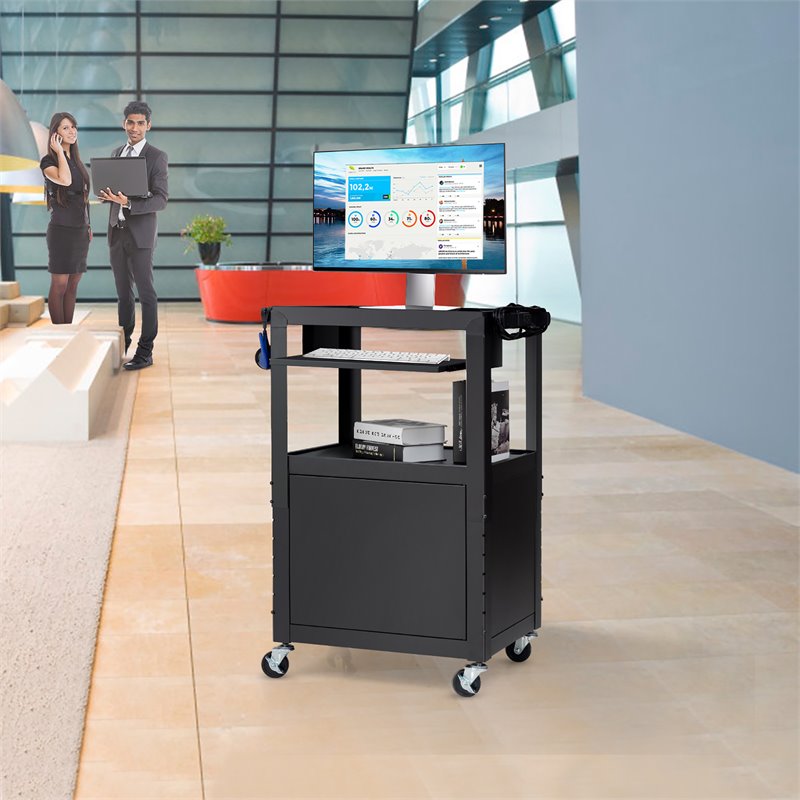 Costway Iron Adjustable Mobile AV Presentation Cart w/ Locked Cabinet in Black