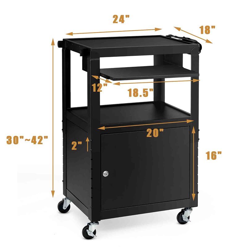 Costway Iron Adjustable Mobile AV Presentation Cart w/ Locked Cabinet in Black